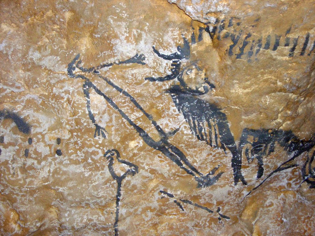 Detail of Cave painting of bird-headed man at Lascaux by Corbis