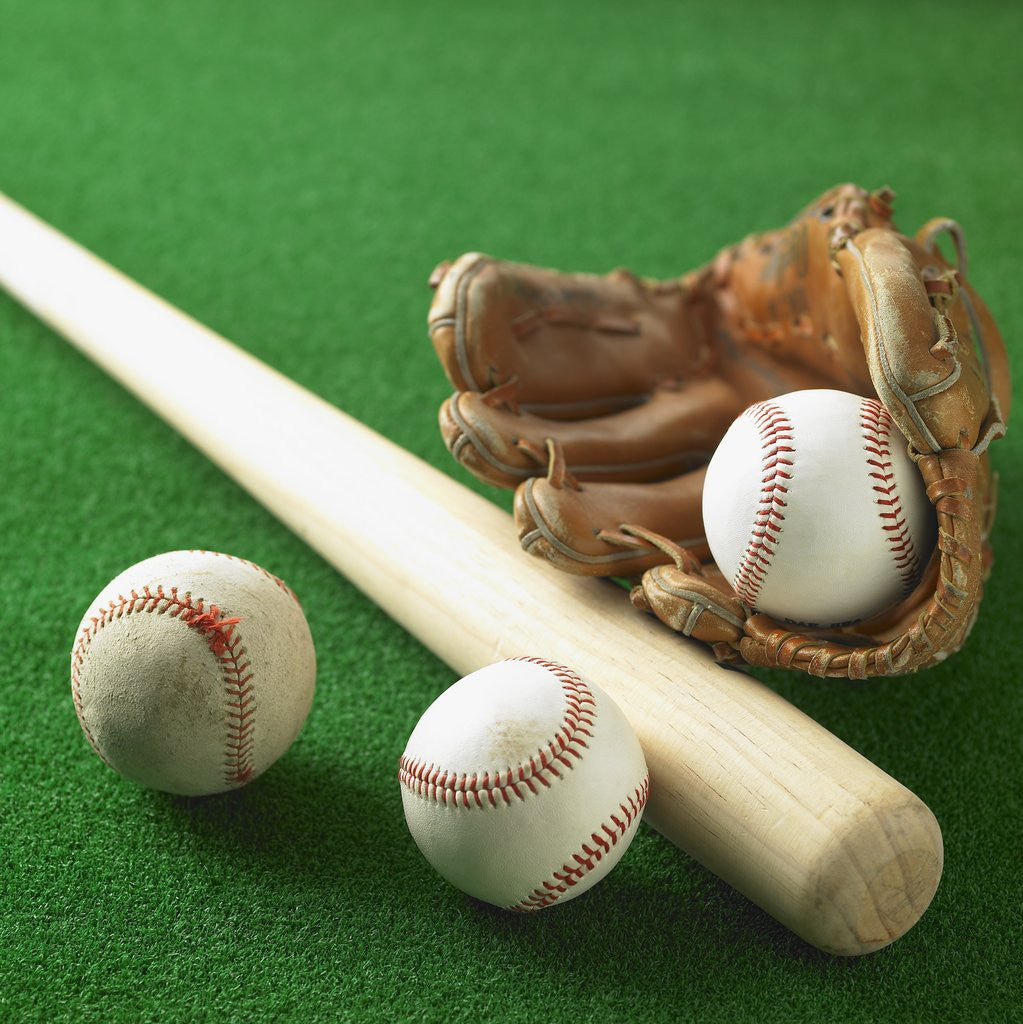 Detail of A baseball, gloves and a bat by Corbis