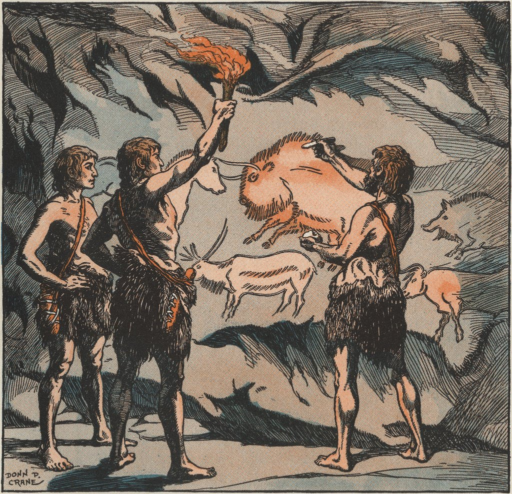 Detail of Prehistoric men with cave paintings by Corbis