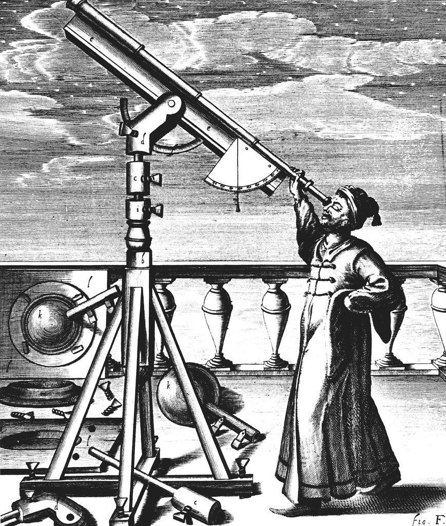 Detail of Johannes Hevelius using telescope by Corbis