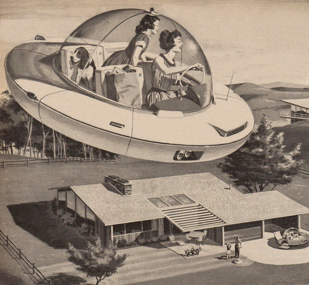 Detail of Woman driving flying saucer by Corbis