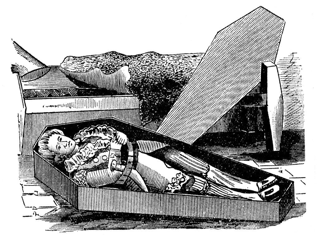 Detail of Daniel Boone trying out coffin for size by Corbis