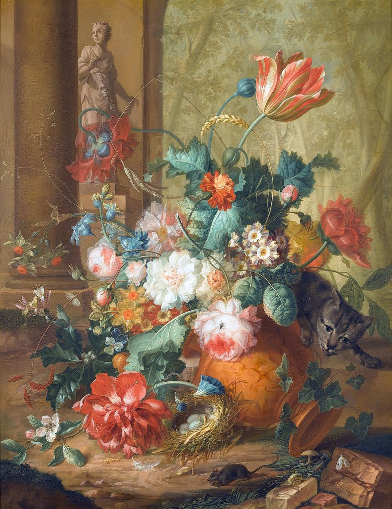 Detail of Tulips, roses and other flowers in a classical urn overturned by a cat chasing a mouse, with a statue of Flora beyond by Johannes Christianus Roedig