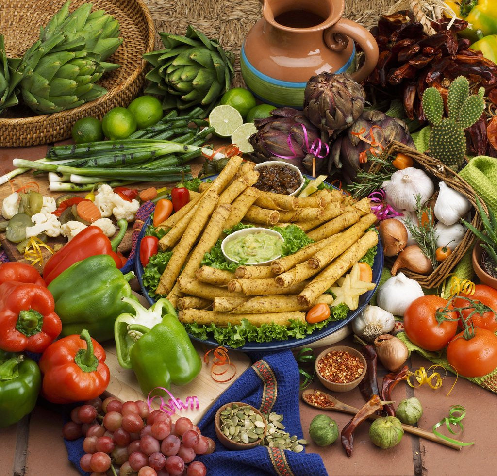 Detail of Platter of Taquitos Surrounded by Fresh Produce by Corbis