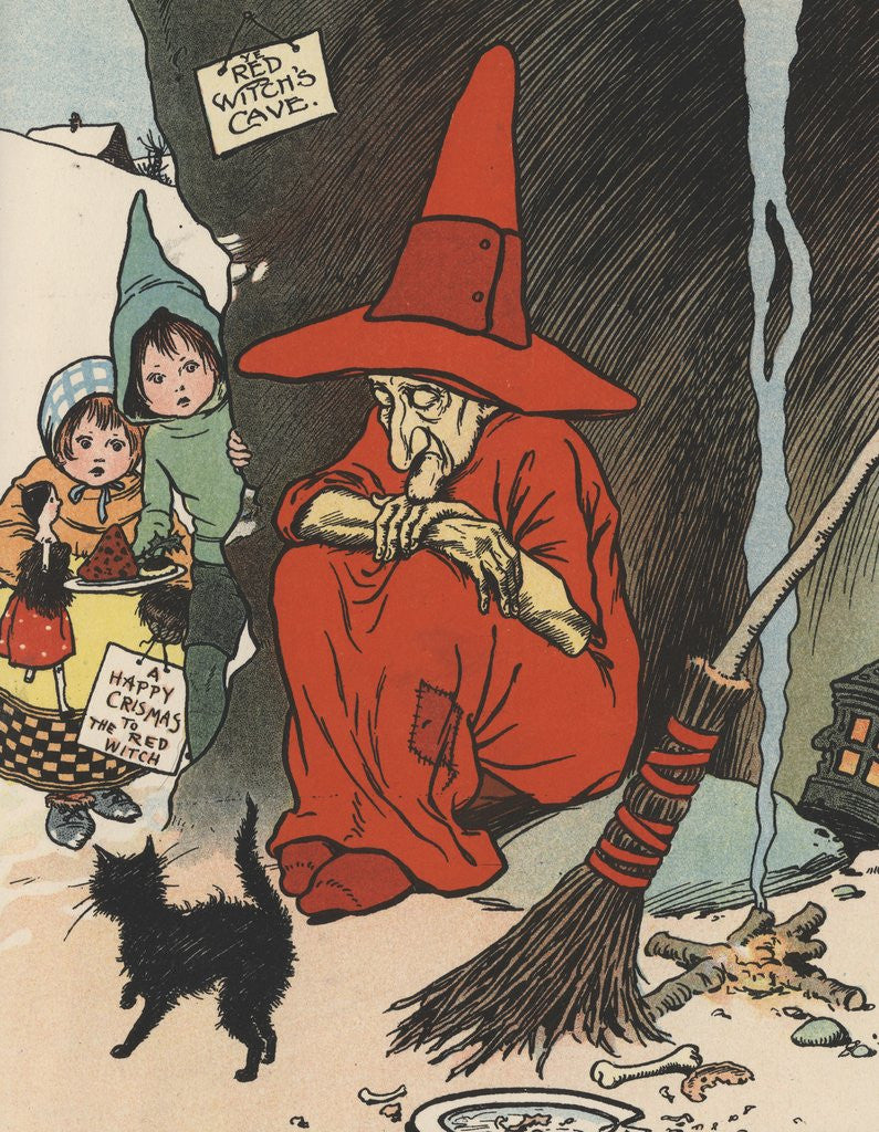 Detail of Illustration of children bringing Christmas gift to sleeping witch by Corbis