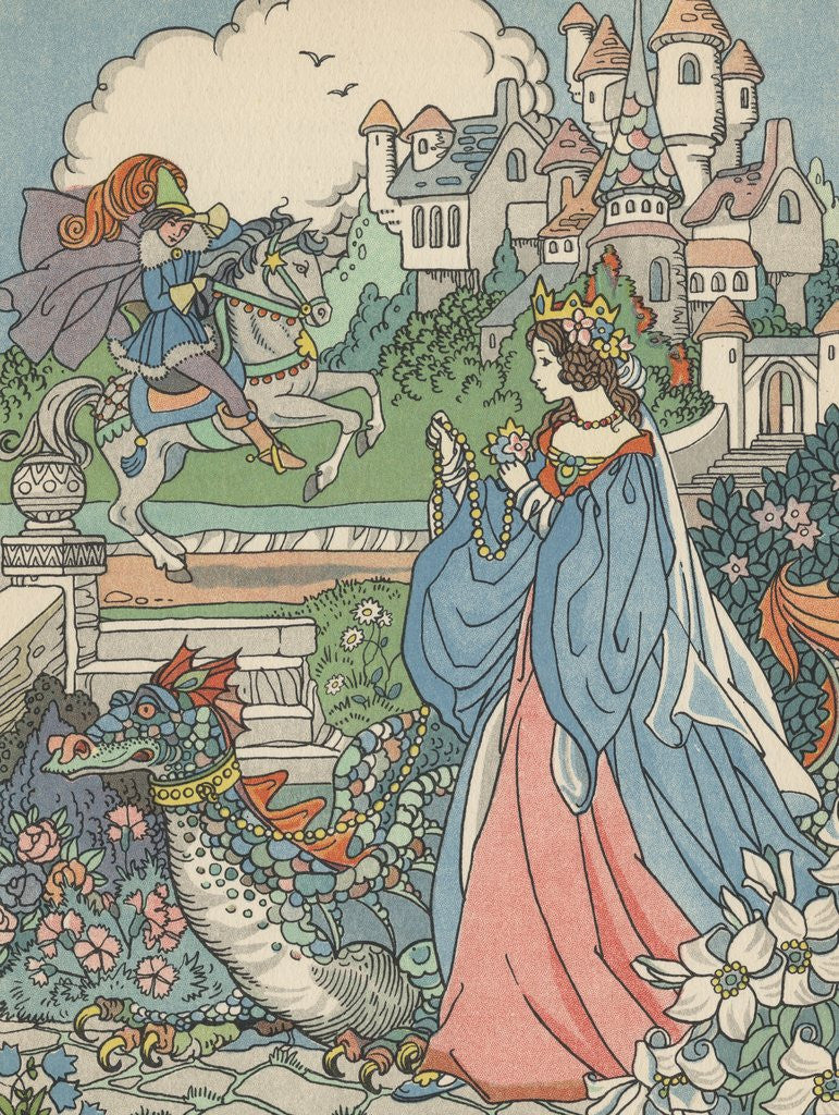 Detail of Illustration of princess and pet dragon by Corbis