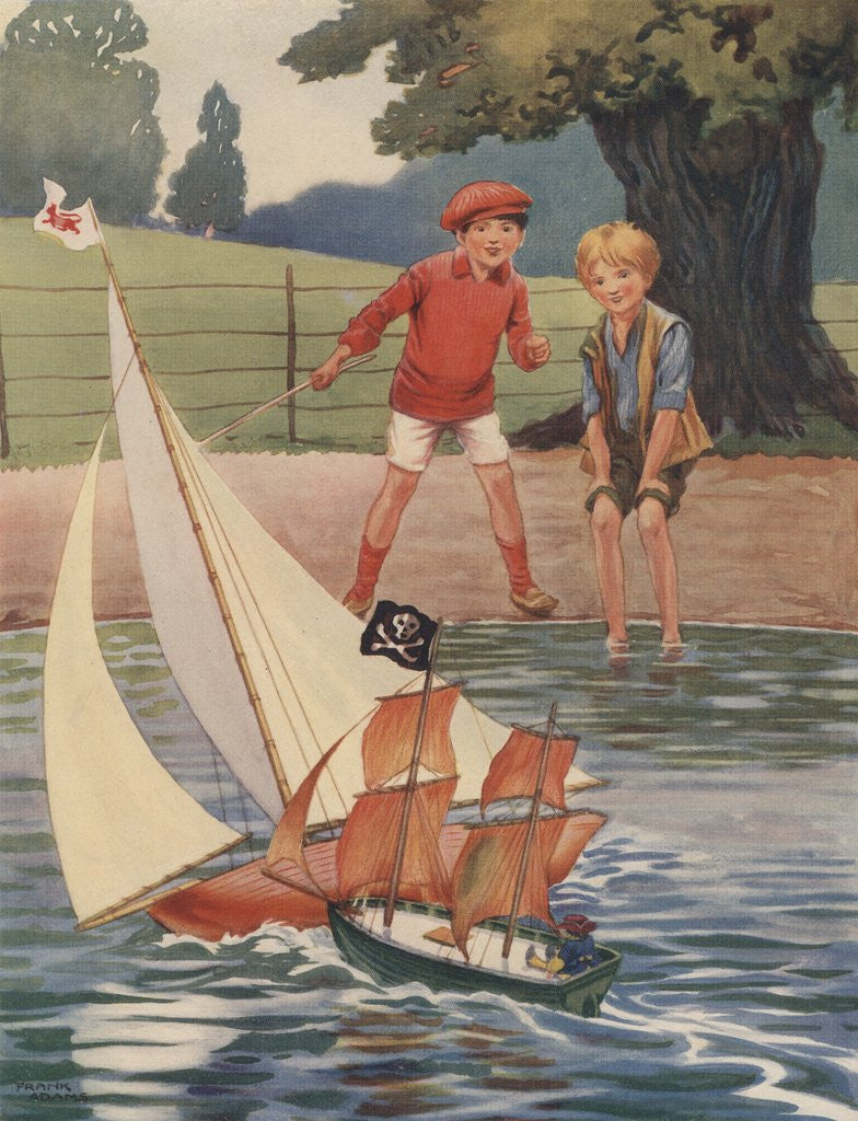 Detail of Illustration of boys playing with toy boats by Corbis