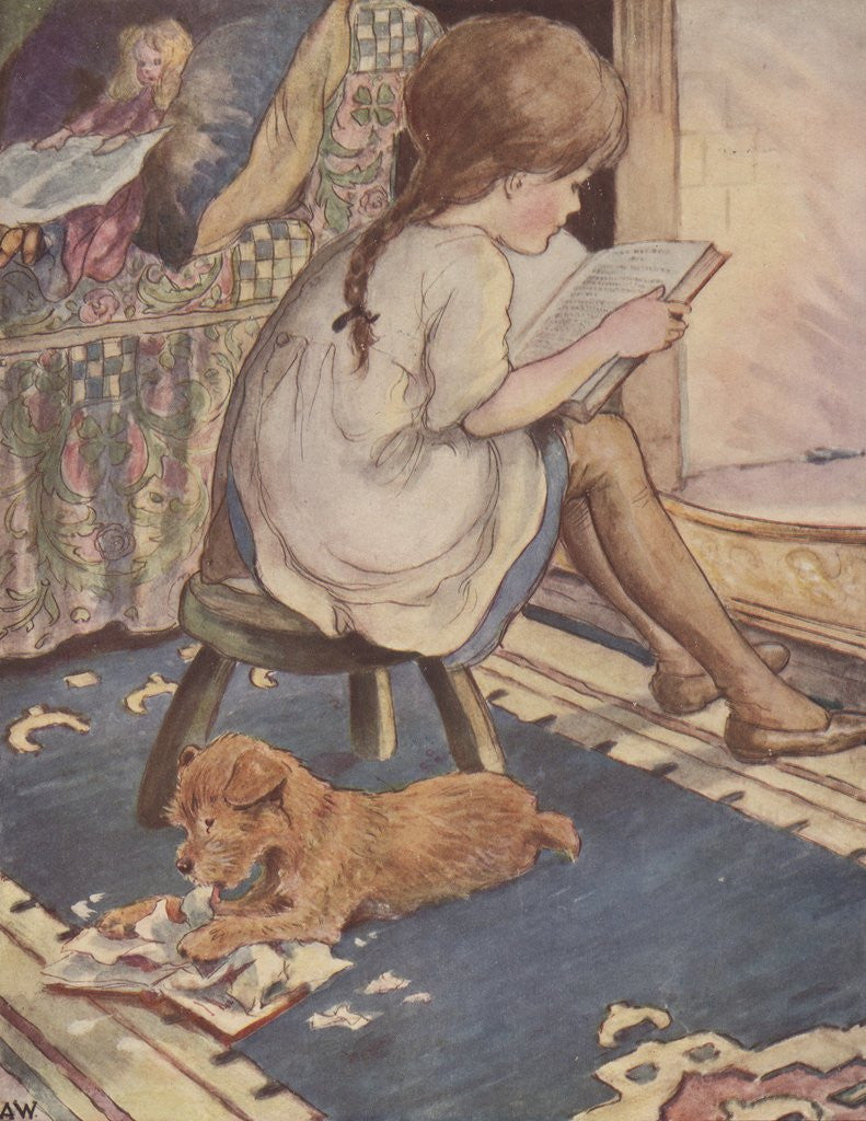 Detail of Illustration of puppy chewing up book while girl reads by Corbis