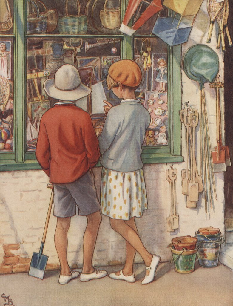 Detail of Children looking in window of toy shop by Corbis