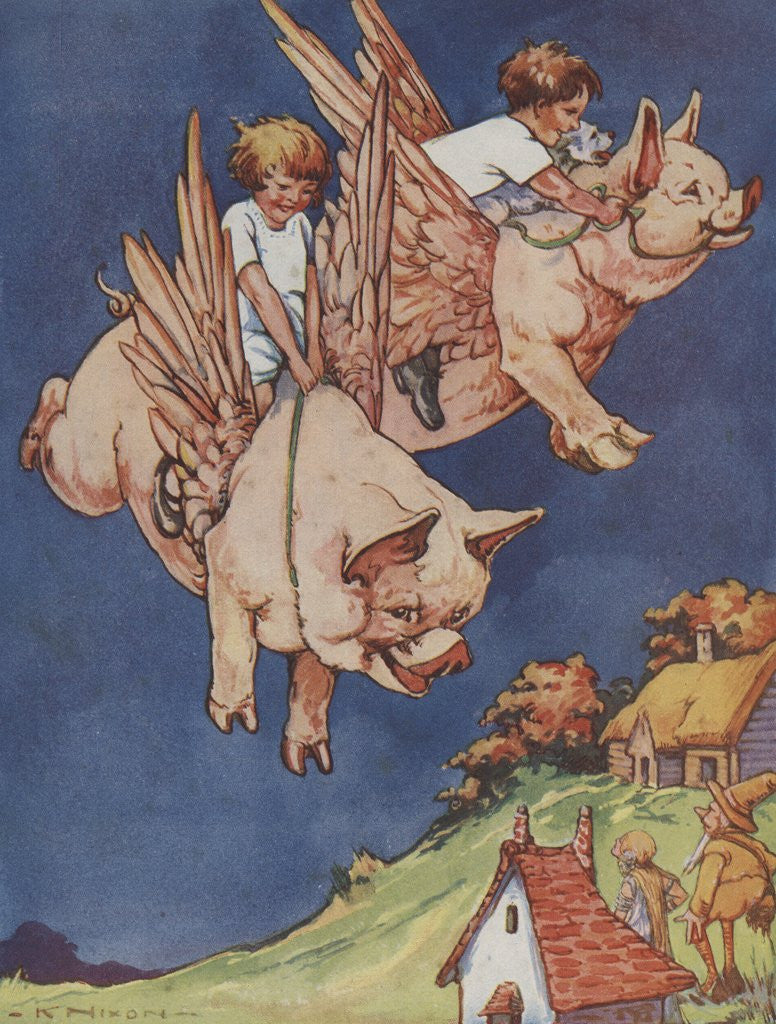 Detail of Children riding flying pigs by Corbis