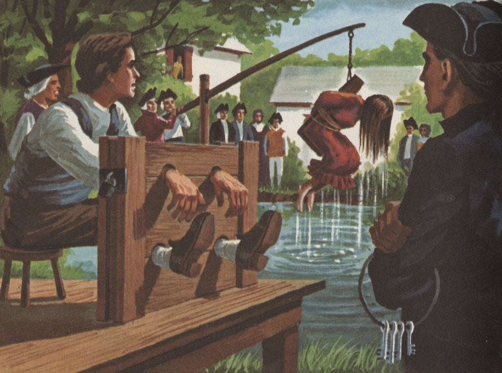 Detail of Man in stocks and woman being dunked in Puritan colony by Corbis