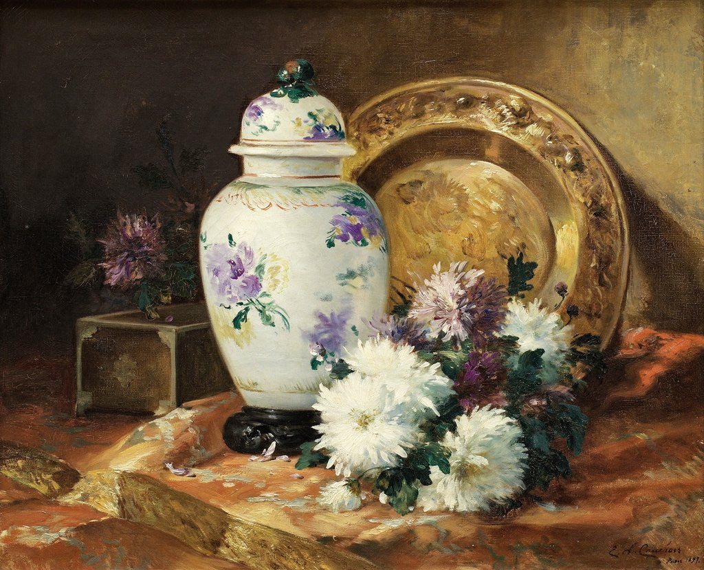 Detail of Still Life with an Urn and Mums by Eugene Henri Cauchois