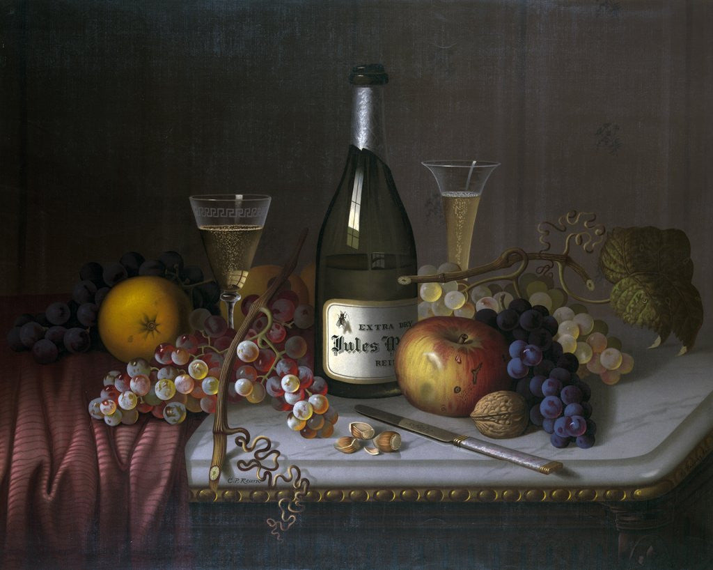 Detail of Still Life with a Bottle of Champagne and Two Glasses, with Various Fruit by Corbis