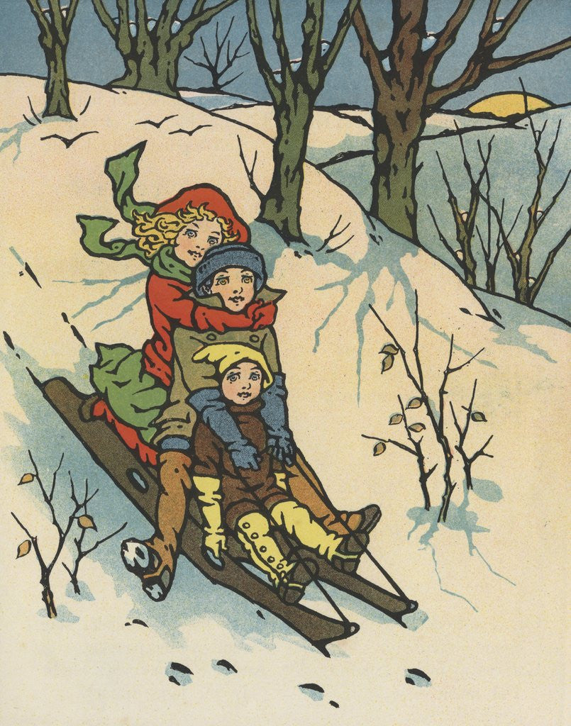 Detail of Children riding sled downhill by Corbis