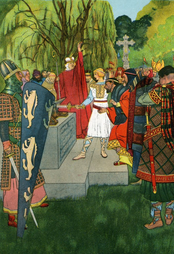 Detail of King Arthur pulling the sword from the stone by Corbis