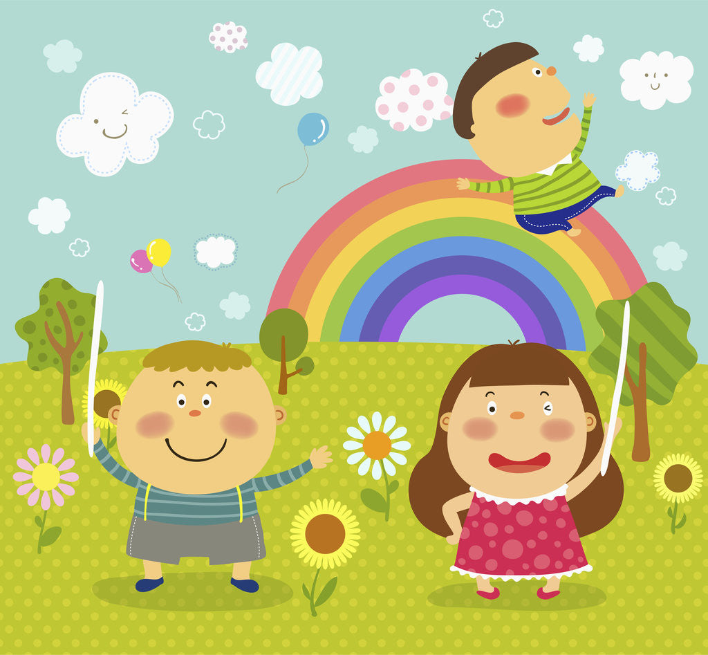 Detail of The image of children playing in the garden with rainbow by Corbis