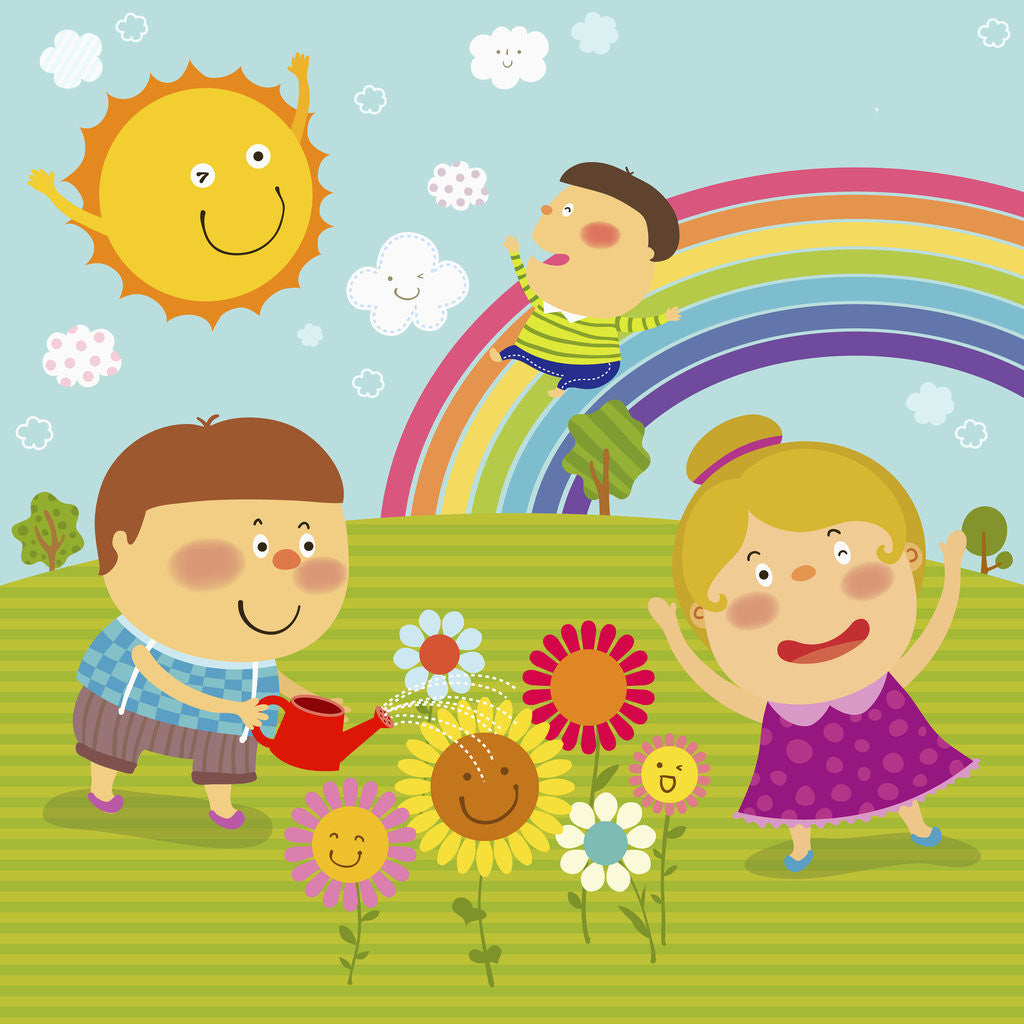 Detail of The image of children playing in the garden with rainbow by Corbis