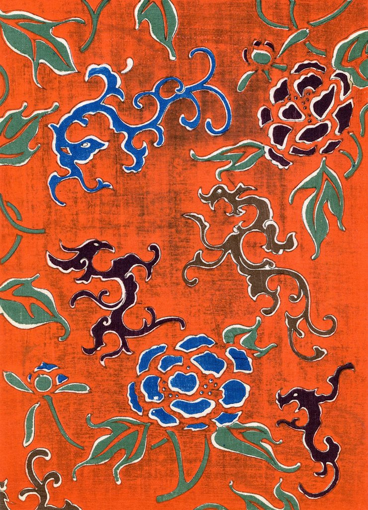 Detail of Woodblock print of dragon motifs and chrysanthemum blossoms by Corbis