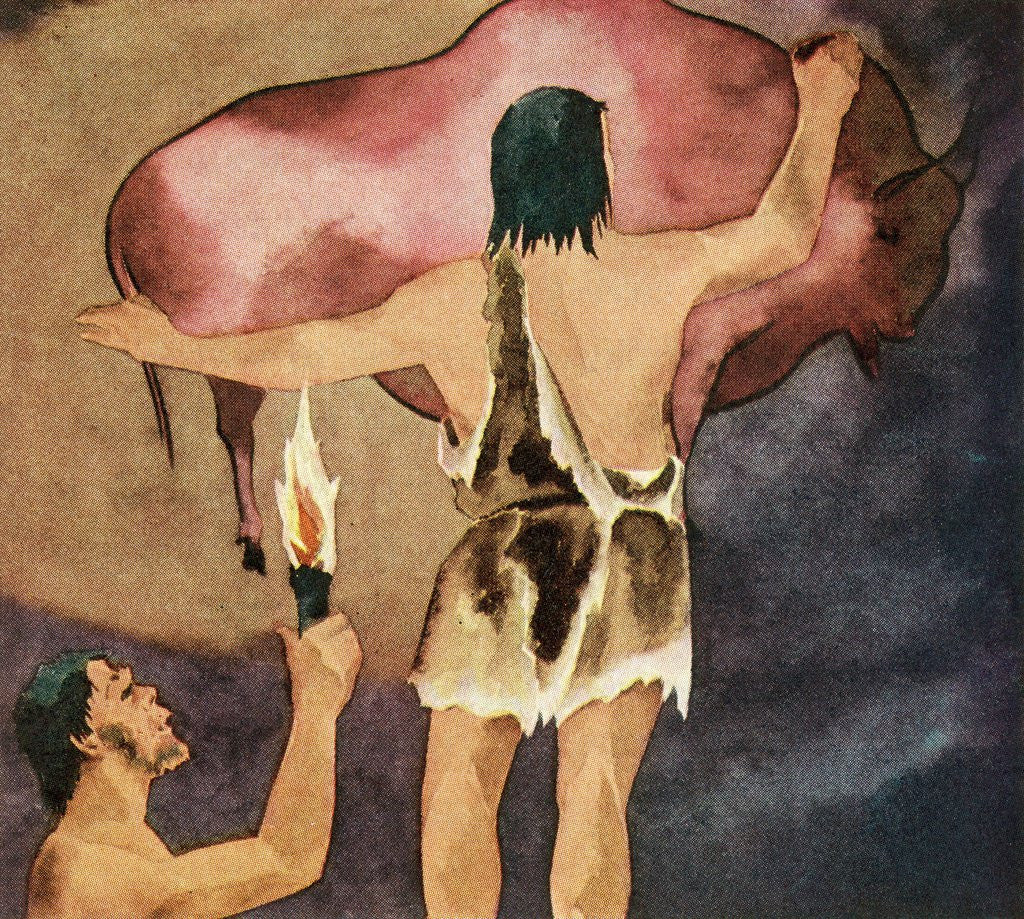 Detail of Prehistoric man drawing bison in a cave by Corbis