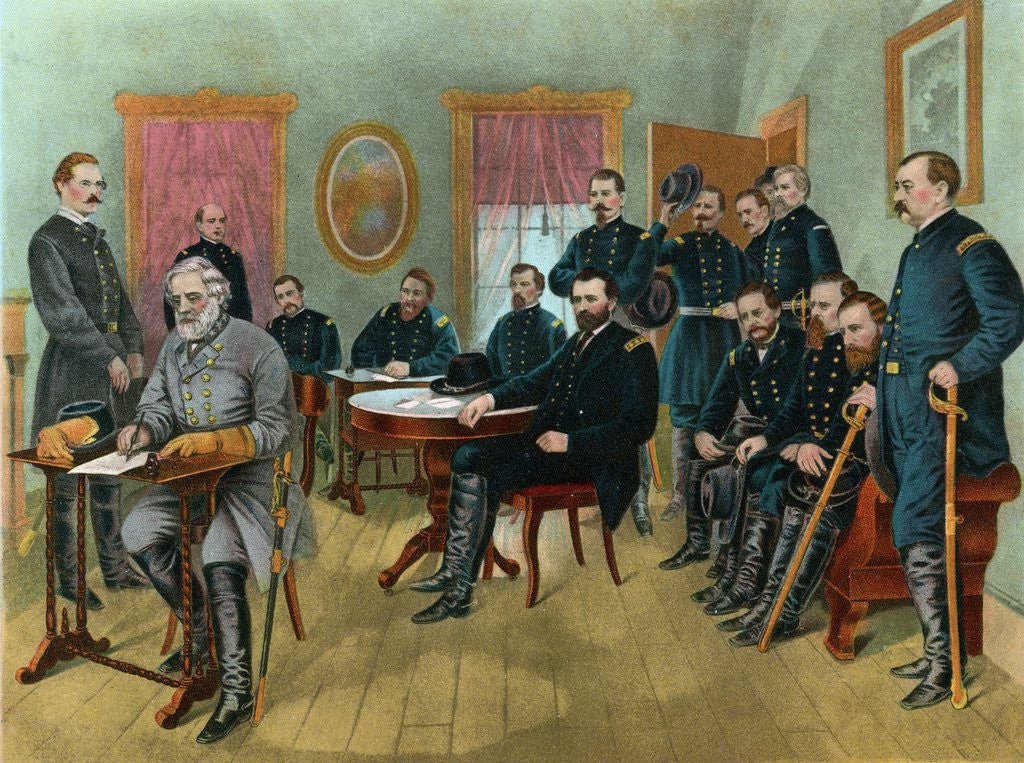 Detail of Robert E. Lee signing peace with Ulysses S. Grant by Corbis