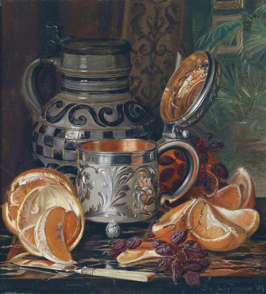 Detail of Still Life of Oranges with a Jug and Silver Tankard by Heinrich Andreas Sophus Petersen