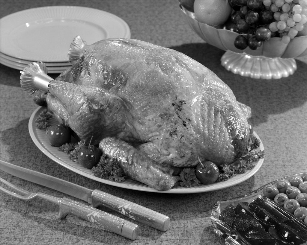 Detail of 1960s thanksgiving turkey roasted on platter by Corbis