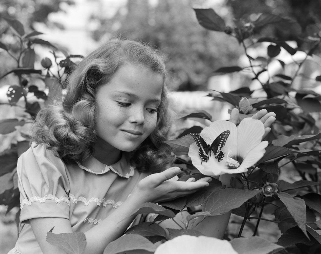 Detail of 1950s pretty little girl smiling at hibiscus flower & butterfly in garden by Corbis