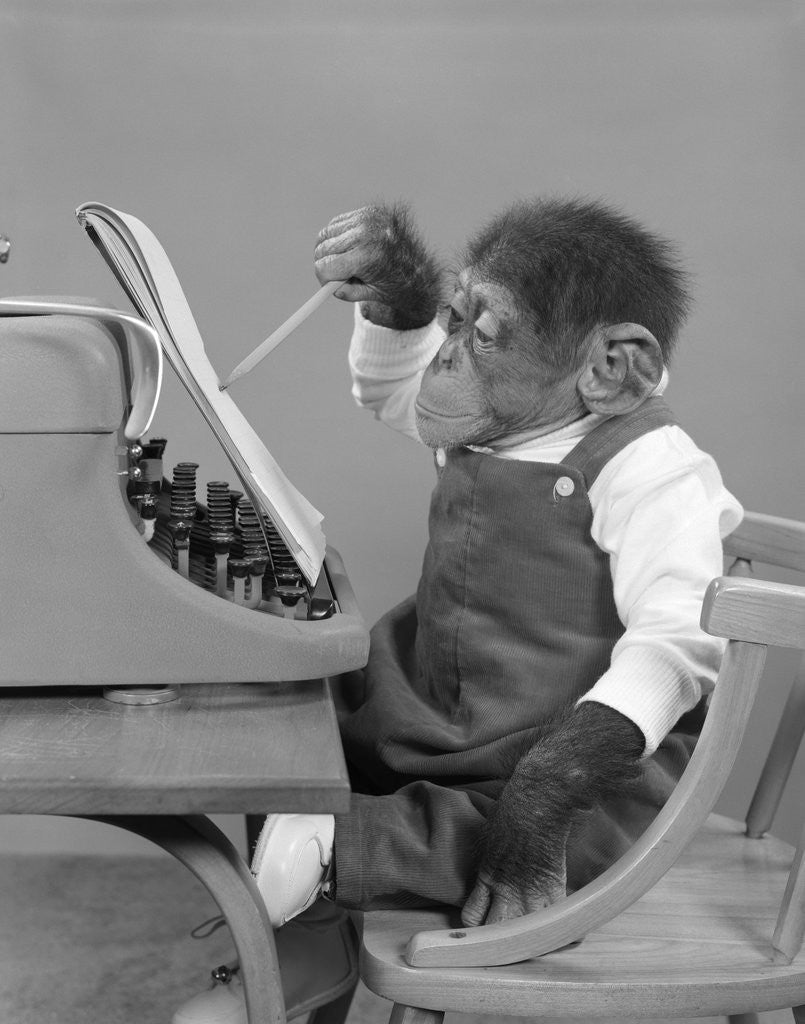 Detail of 1950s chimp in overalls sitting in chair at typewriter with pencil & steno pad by Corbis