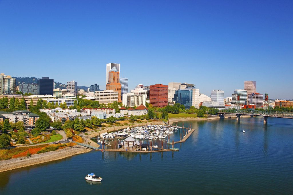 Detail of Portland waterfront and Willamette River, Portland Oregon by Corbis