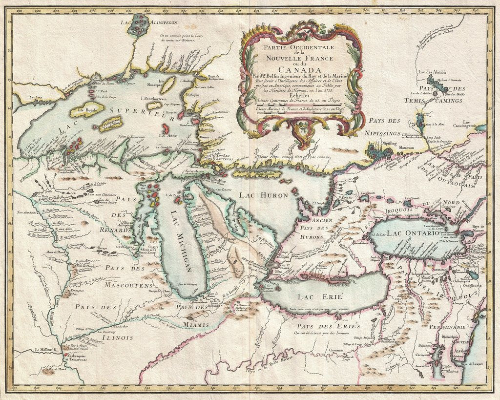 Detail of 1755 map of the Great Lakes region by Corbis