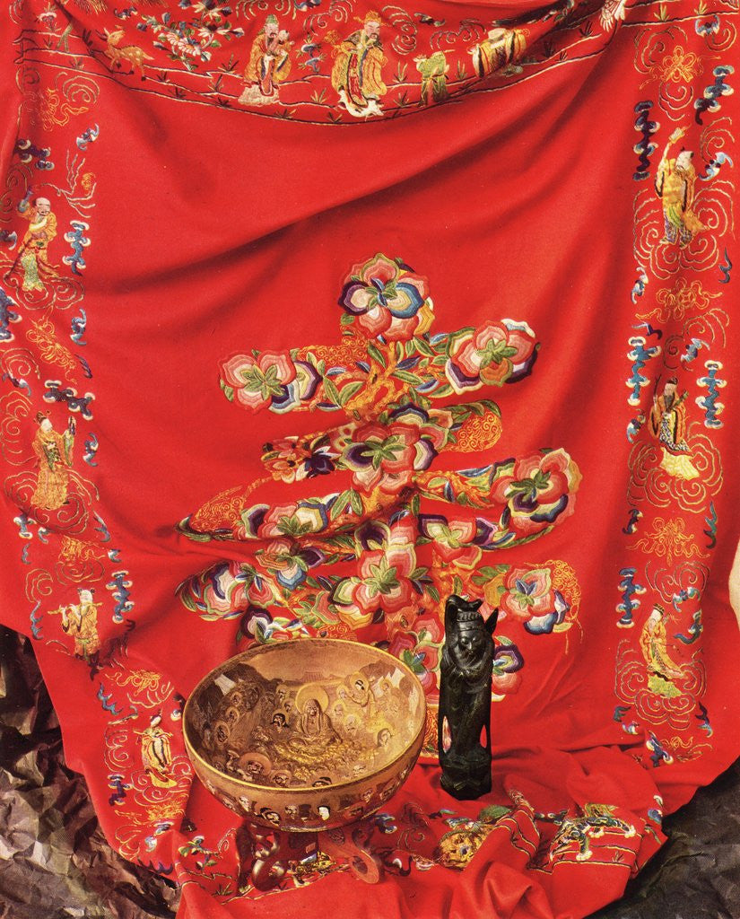 Detail of Still Life with Sumptuous Red Chinese Embroidered Silk by Corbis