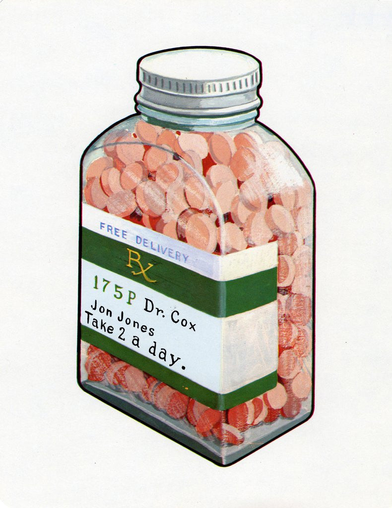 Detail of 1960s Illustration of a Bottle of Prescription Pills. by Corbis