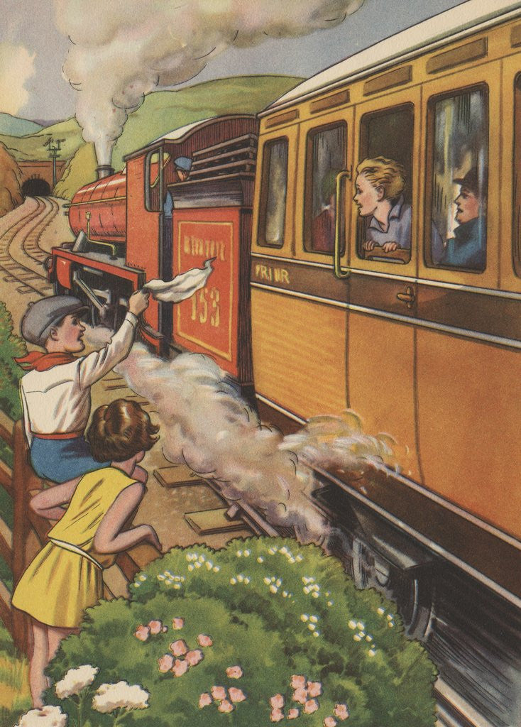 Detail of Children waving at passing train by Corbis