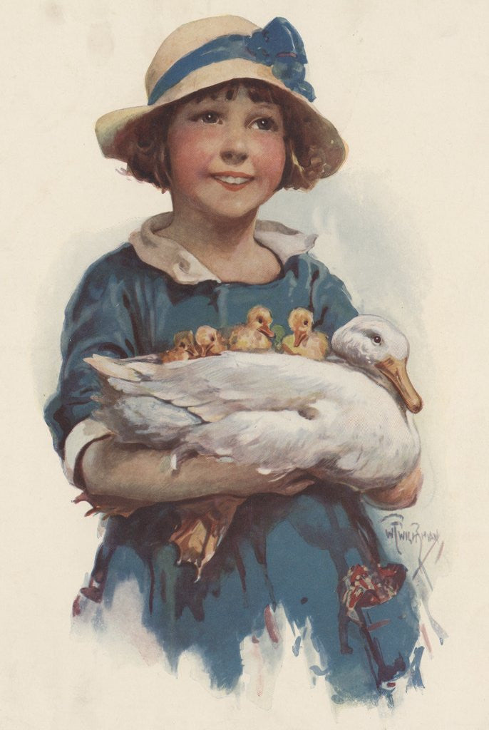 Detail of Little girl holding duck and ducklings by Corbis