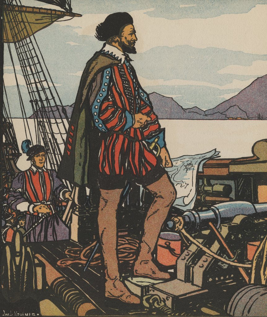 Detail of Sir Francis Drake standing on ship by Corbis