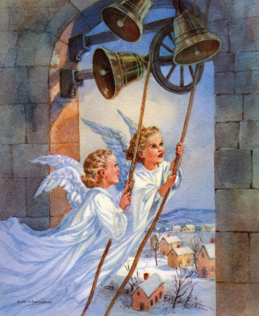 Detail of Vintage Illustration of Christmas Angels Ringing Bells by Corbis