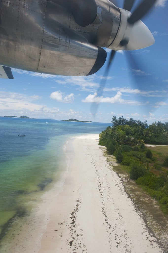 Detail of Propeller plane landing on Praslin Island, Seychelles, Indian Ocean Islands by Corbis