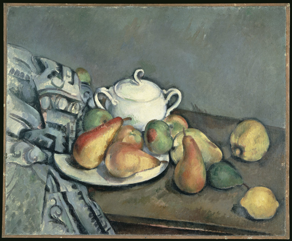 Detail of Sugar Bowl, Pears and Curtain by Paul Cezanne