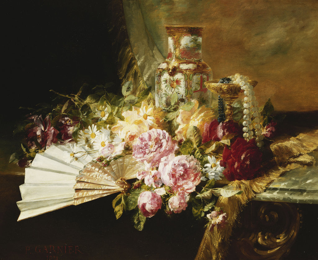 Detail of A Fan with Roses, Daisies and a Famille Rose Vase by Pierre Garnier