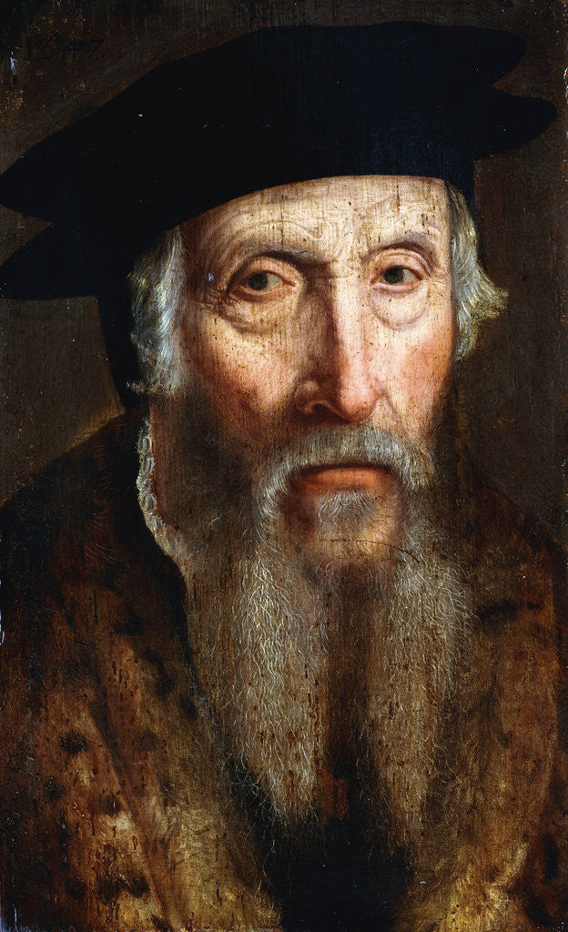 Detail of Portrait of a Bearded Man, Bust Length, in a Fur Trimmed Coat and Black Hat attributed to John Bettes the Elder by Corbis