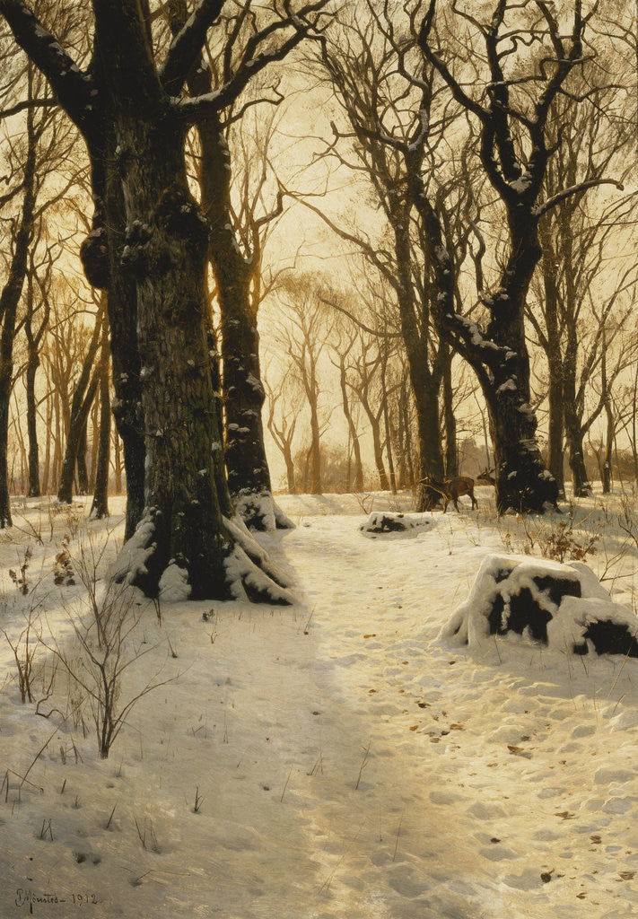 Detail of A Wooded Winter Landscape with Deer by Peder Monsted