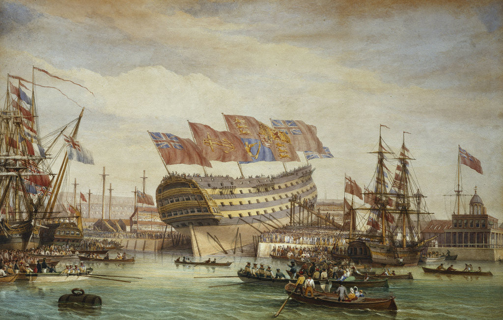 Detail of The Launching of HMS Trafalgar at Chatham 26 July 1820 by C John M Wichelo