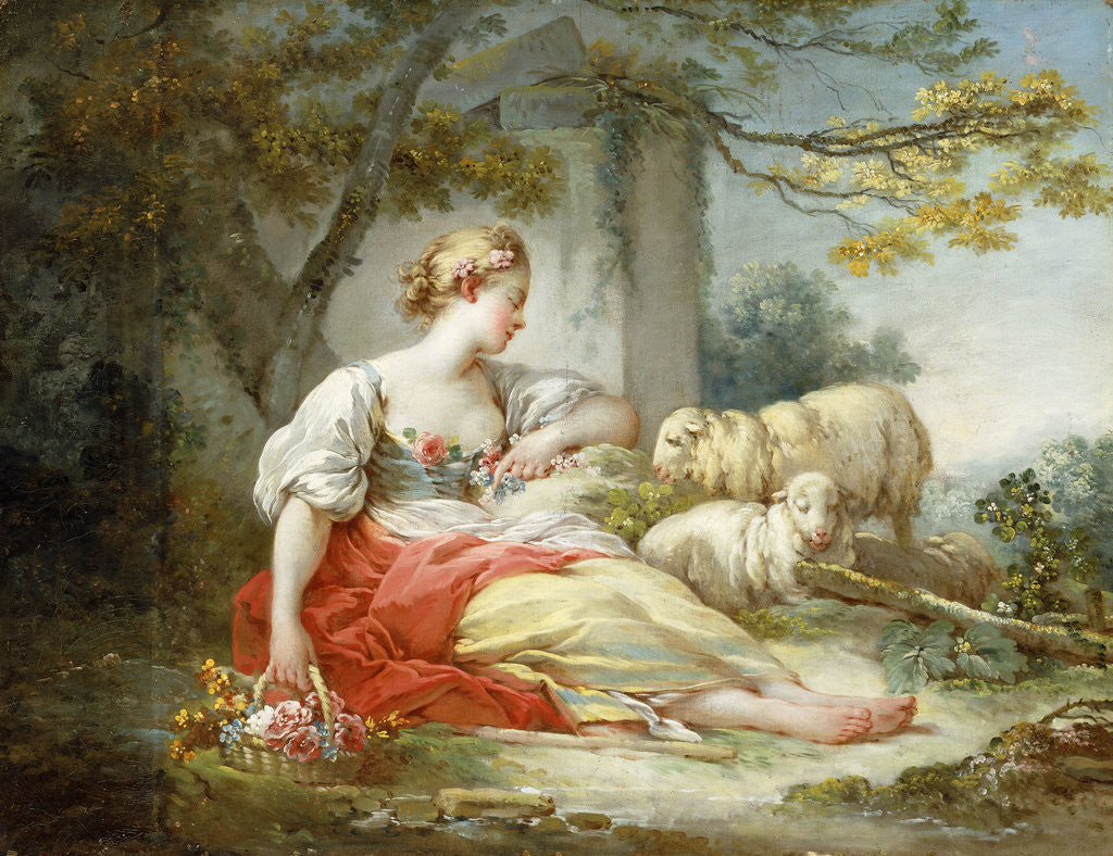 Detail of A Shepherdess Seated with Sheep and a Basket of Flowers Near a Ruin in a Wooded Landscape by Jean-Honore Fragonard