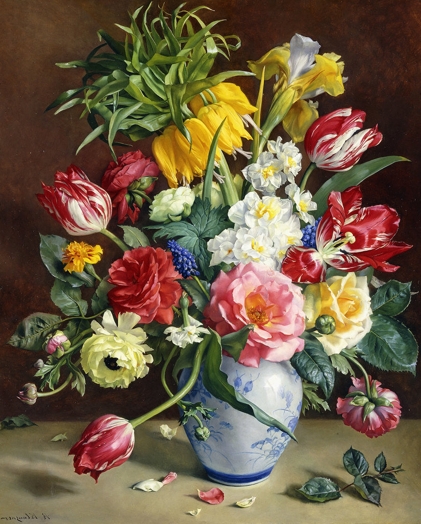 Detail of Tulips, Roses, Narcissi and other Flowers in a Blue and White Vase by R Klausner
