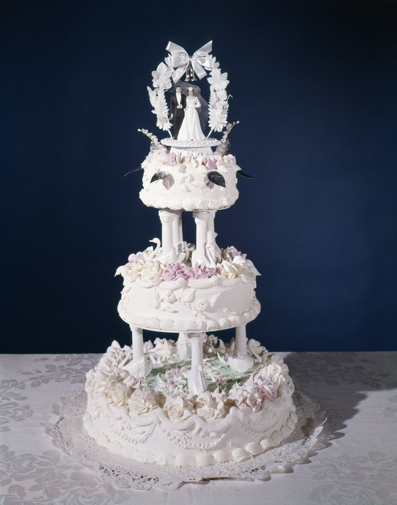 Detail of 1960s Three Tier Ornately Decorated Wedding Cake by Corbis