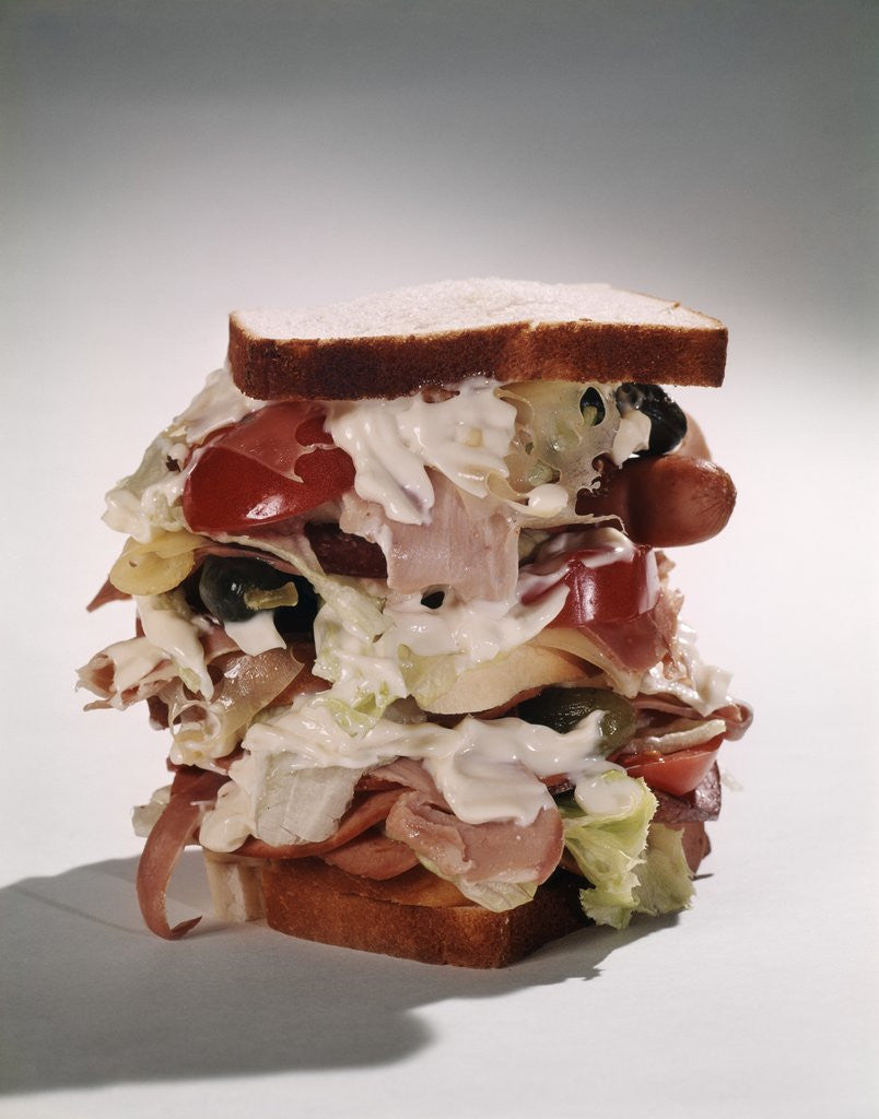 Detail of tall Overstuffed Dagwood Sandwich Still Life by Corbis