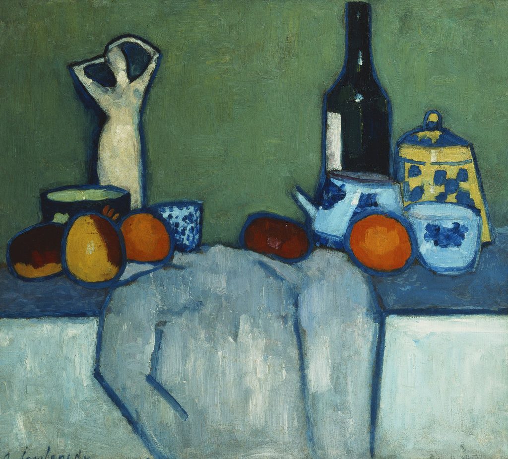 Detail of Still Life with Bottle, Fruit and Figure by Alexei von Jawlensky