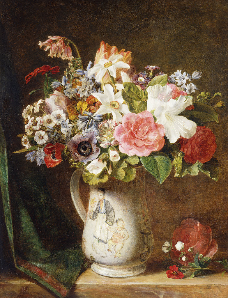 Detail of Roses Tulips and other Flowers in a Porcelain Tankard on a Draped Ledge by Alfred Morgan