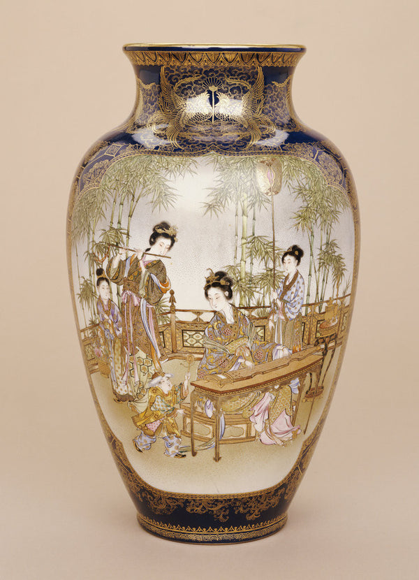 A large Kinkozan vase depicting a lady playing a koto with ladies and ...