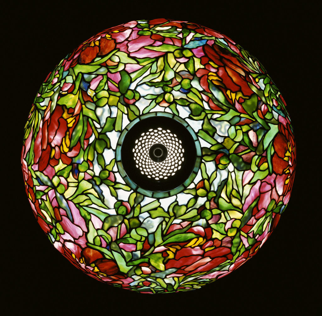 Detail of Top view of Tiffany Studios 'Elaborate Peony' leaded glass and bronze table lamp by Corbis